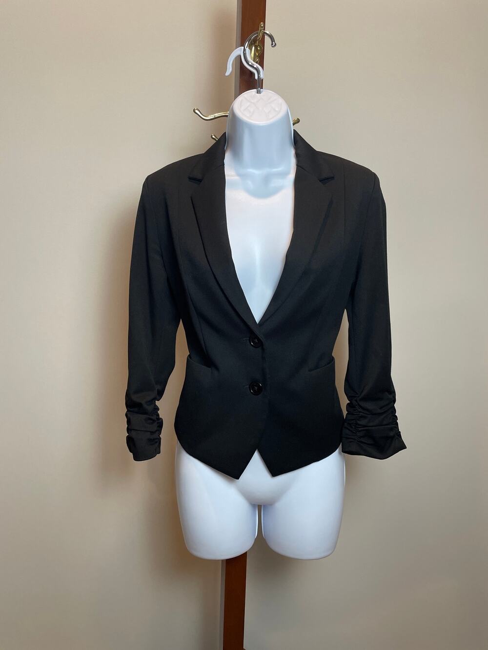 Express Ruched Sleeve Suit Jacket Size 4 Black Single Breasted